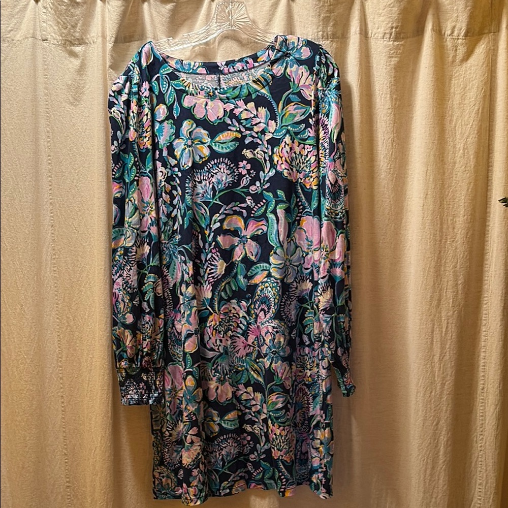 Lilly Pulitzer Blue and Pink Bishop Sleeve Sweater Dress